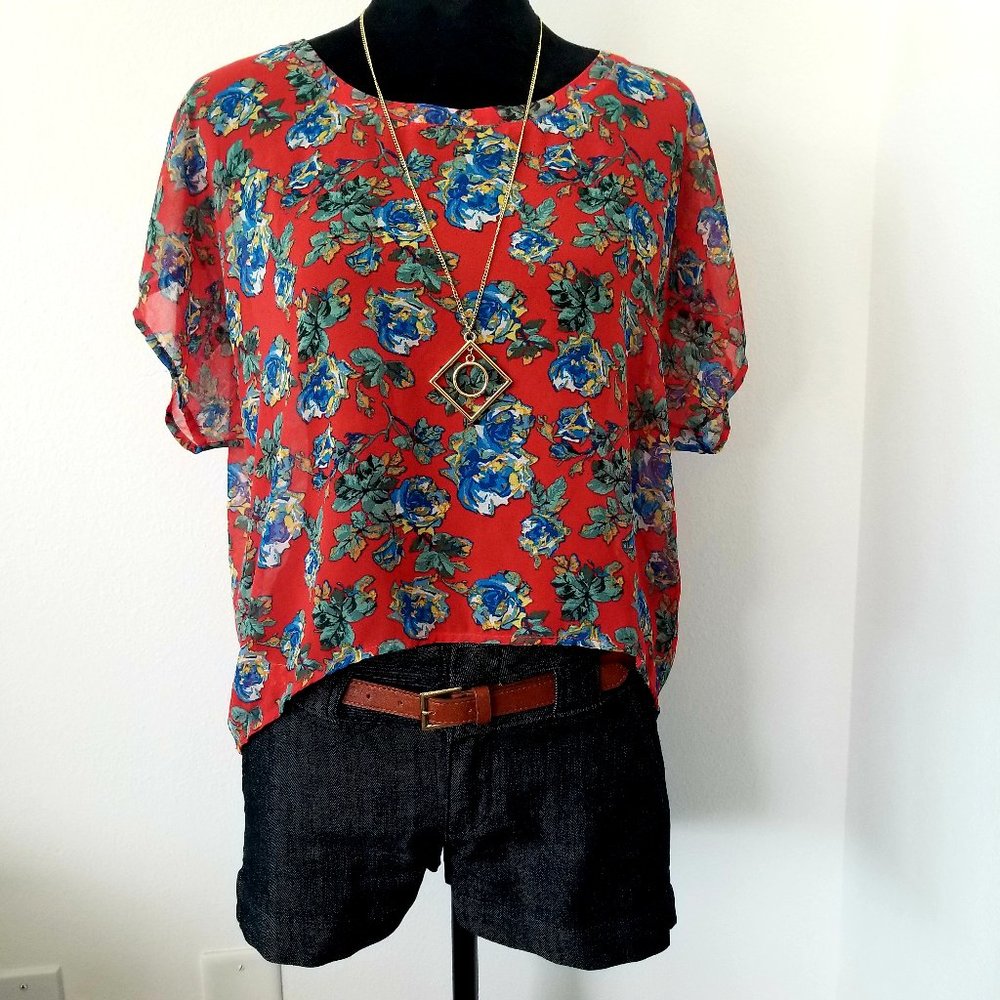 Sheer Red and Blue Floral High Low Top